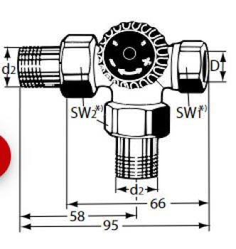 Heimeier Dreiwege-Ventilunterteil 1/2" Rotguss-vern.Schraubnippel Anschl.rechts - 4150-02.000